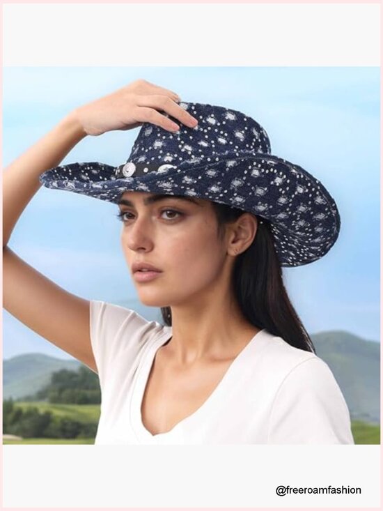 Sparkly Sequin Denim Cowboy Hat Wide Brim Unisex Western Belt Buckle